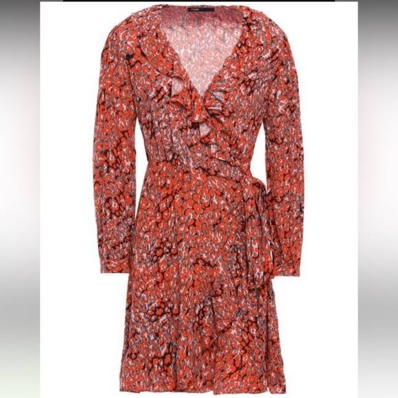Maje Red Ruffle-trimmed Leopard Print Crepe Mini Wrap Dress - Picture 4 of 16